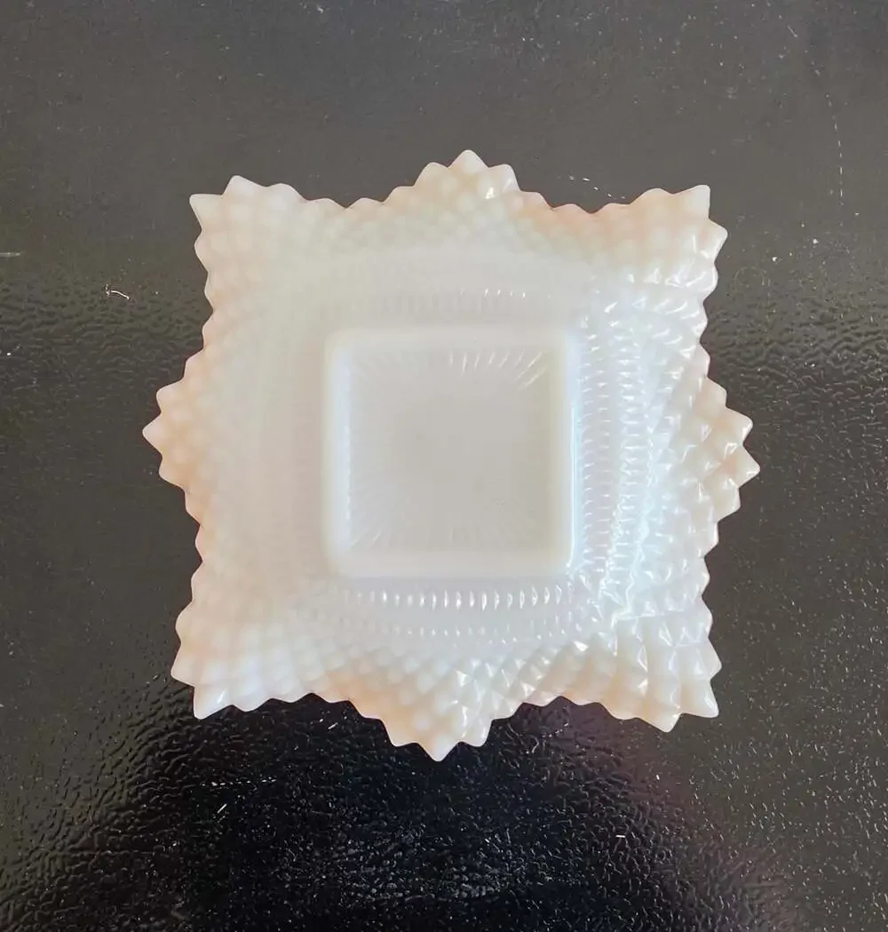 Vintage Indiana Glass Peach Lustre Milk Glass Diamond Point Ruffled Candy Dish